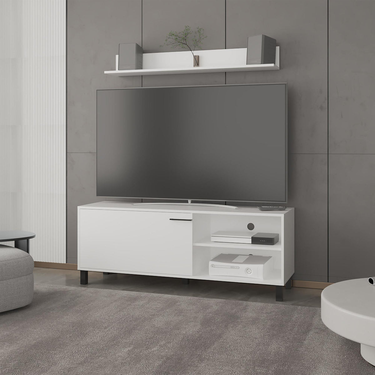 Hercules Tv Stand Two Doors, Open Shelves andSpacious Top Surface, Modern Entertainment Unit