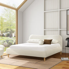 Pinnacle Curved Headboard Upholstered Platform Bed, King, Ivory White Boucle