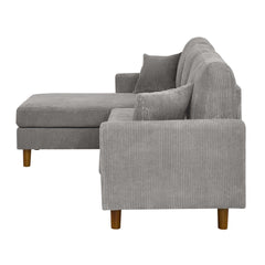 Corduroy Upholstered Sectional with Wooden Legs & Toss Pillows