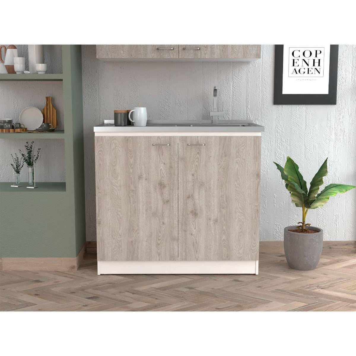 Pulsar Utility Sink with Cabinet One Shelf, Double Door Cabinet -Smokey Oak / Light Gray
