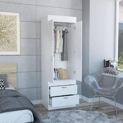 Rhea Armoire, Rod, Double Door, Two Drawers, Metal Handles White