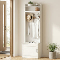 Narrow Hall Tree with Shoe Storage Bench, Rustic Entryway Bench with Coat Rack, Accent Coat Tree with Storage Shelves for Hallway, Mudroom, White Wood Grain