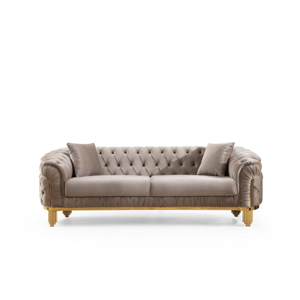 Clytemnestra Modern Style Button Tufted Sofa Made of Wood and Gold Coated Metal Legs in Taupe Color