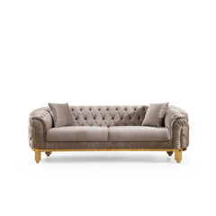 Clytemnestra Modern Style Button Tufted Sofa Made of Wood and Gold Coated Metal Legs in Taupe Color