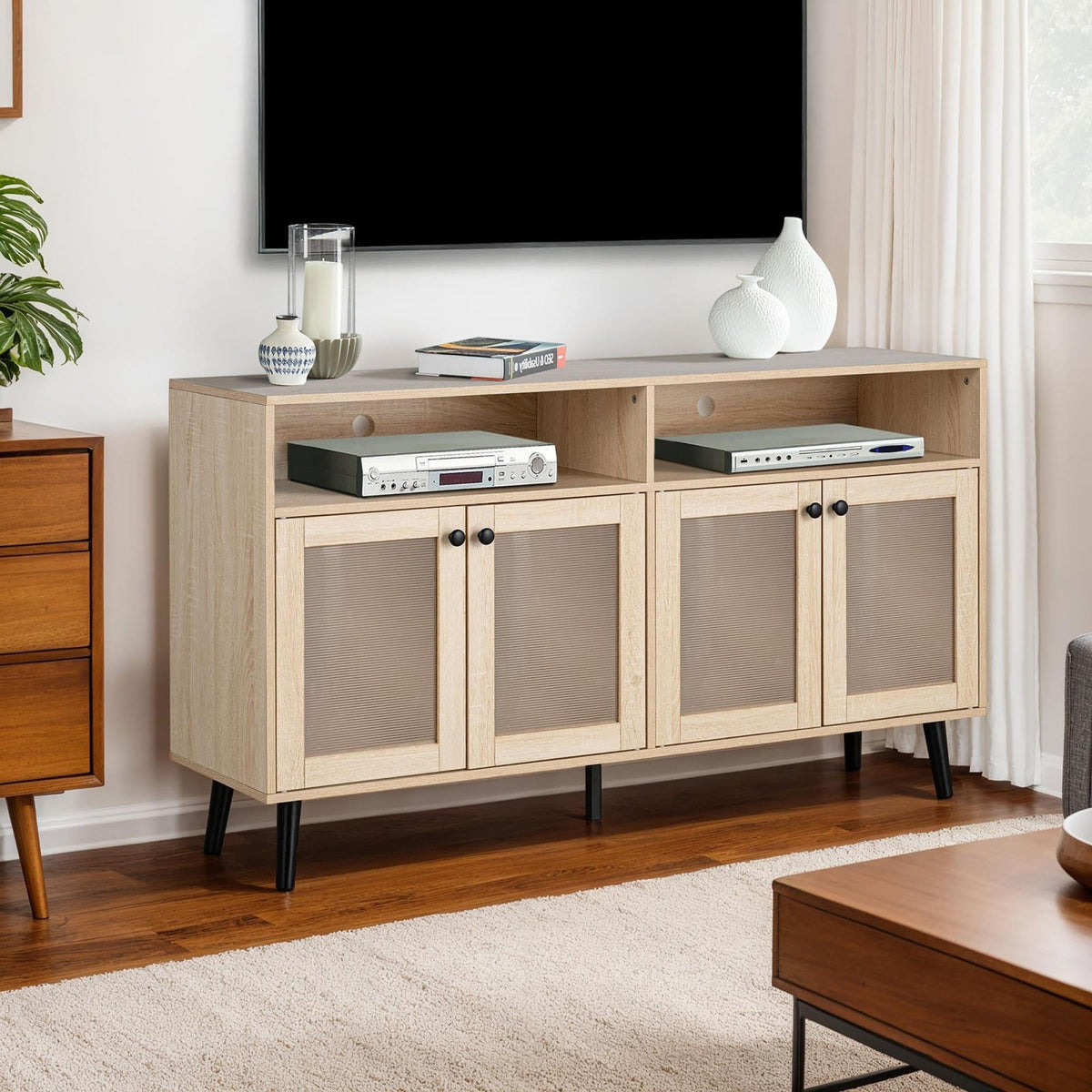 Mid-Century Modern TV Stand Tapered Leg Round Knobs Cabinet Doors Natural Finish Primary Living Room