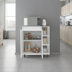 Epimetheus Microwave Sideboard Cabinet, Freestanding Compact Kitchen Pantry with 2-Door Cabinet Storage, 3 Side Open Shelves and, Appliance Surface, White