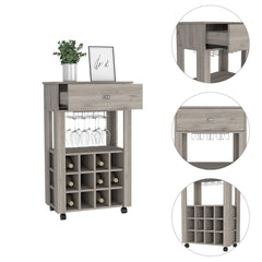 Symphony Bar Cart, Twelve Built-in Wine Rack, Four Legs, One Open Shelf -Light Gray