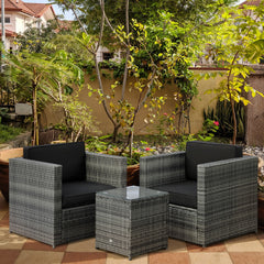 Wicker Bistro Patio Set, 2 Porch Chairs & Glass Table, Black