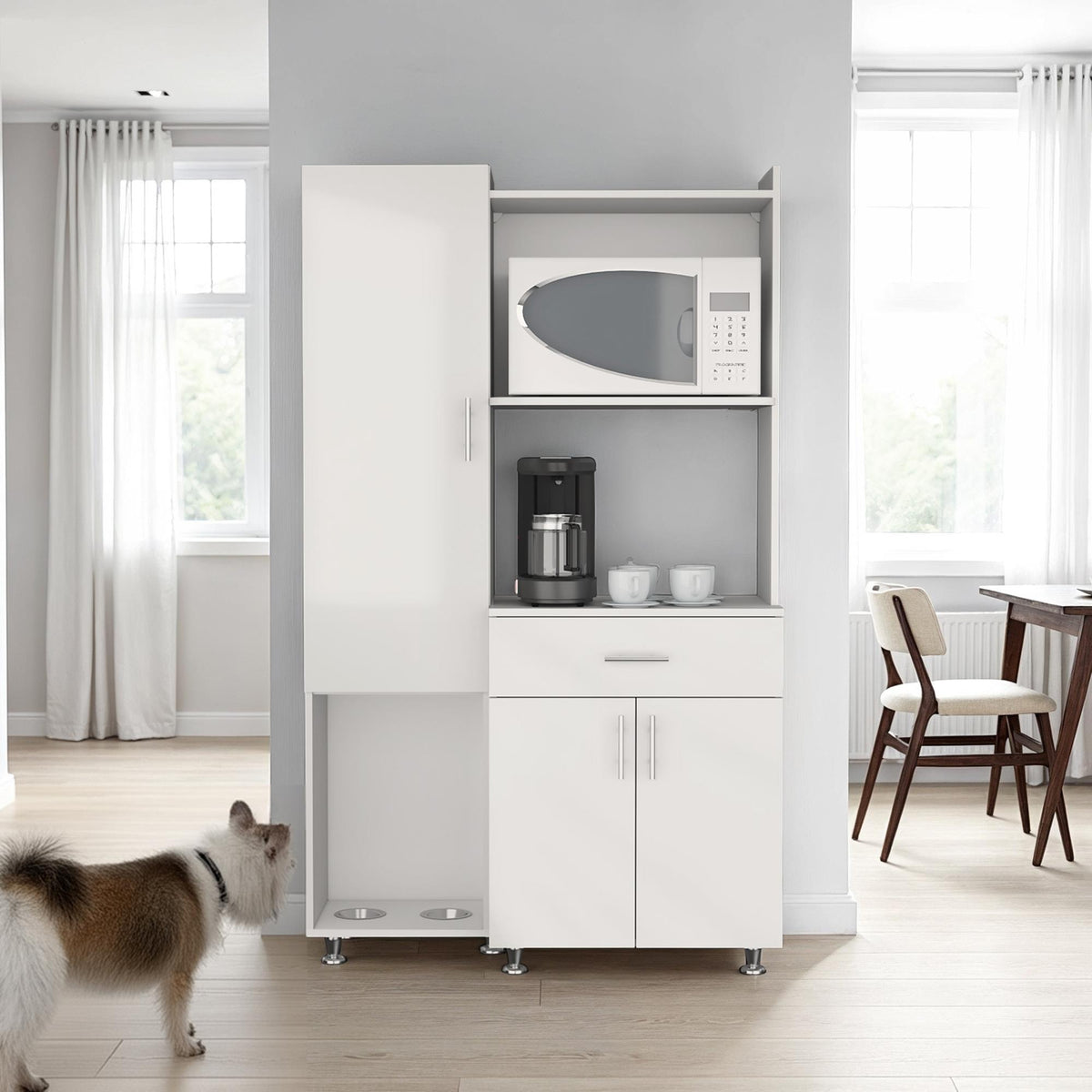 Theseus Kitchen Pantry and Microwave Cabinet with 3 Side Storage Shelves, Built-In Pet Station, One Drawer, One Small Cabinet and, One Open Shelf