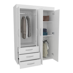 Clytemnestra Adjustable Armoire, Rods, Double Door Cabinet, Three Drawers, Two Shelves White