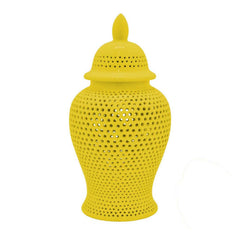 Aurora 25 Inch Ginger Jar, Carved Cutout Lattice, Removable Lid, Yellow