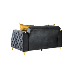 Haven Upholstered Loveseat in Black Fabric with Gold Stainless Steel Legs, Foam Cushioning and Sturdy Wood Frame