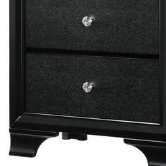 2 Drawer Wooden Nightstand with Textured Details and Crystal Pulls, Black