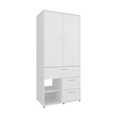 Vista Armoire with Double Doors, Interior Hanging Rod, Shoe Racks and Multiple Drawers, Freestanding Wardrobe