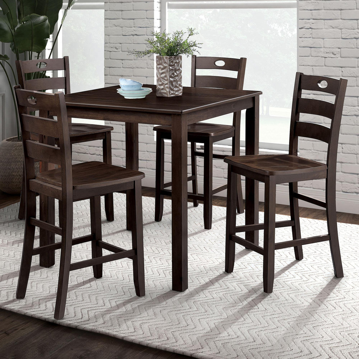 Transitional Style Espresso Finish 5pc Dining Table Set 1x Square Counter Height Dining Table 4x Slat Back Chairs Dining Room
