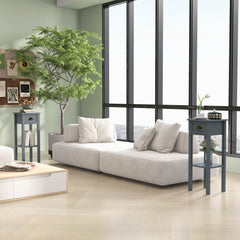2-Tier Side Tables Set of 2 with Drawer and Shelf, 2 Pieces End Tables for Living Room and Hallway, Gray