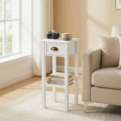 2-Tier Side Table with Drawer and Shelf, End Table for Living Room and Hallway, White