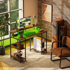 Computer Desk with Storage, 47" Reversible Computer Table with Power Outlets and LED Lights, Rustic Brown