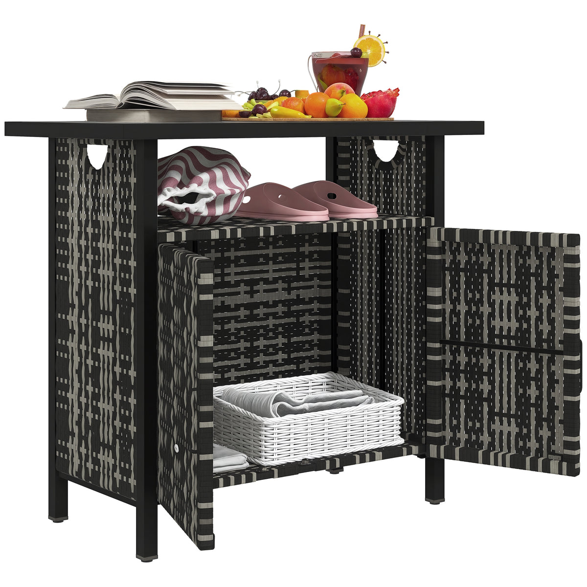 Outdoor Pool Towel Storage Cabinet Organizer, Outdoor Bar Table with Shelf and Cabinet, Pool Towel Holder Pool Valet with Weather-Resistant PE Rattan and Steel Frame, Mixed-Gray