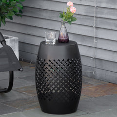 12" Steel Outdoor Side Table, Round Hollow Drum Patio End Table, Accent Table for Indoor and Outdoor, Black