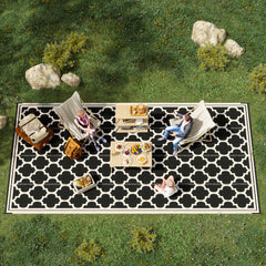 Reversible Outdoor Rug, 9' x 18' Waterproof Plastic Straw Floor Mat, Portable RV Camping Carpet, Large Floor Mat for Deck, Backyard, Picnic, Beach, Black & Beige