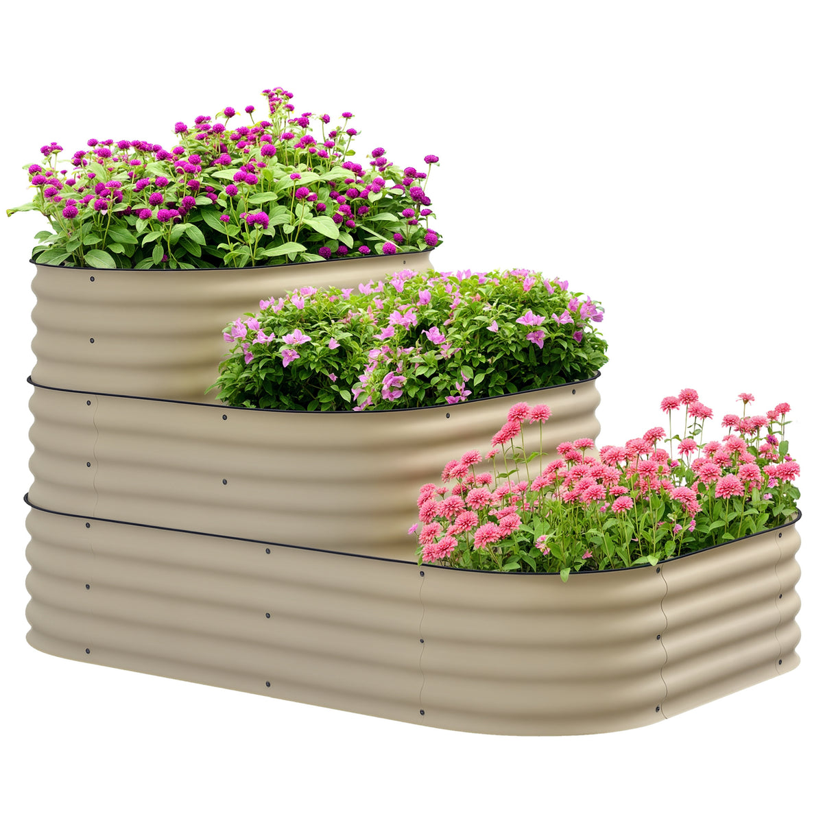 3-Tier Raised Garden Bed Set w/ Safety Edging, Open Bottom for Vegetables, Herbs, Flowers, 62.25" x 43" x 32.25", Cream