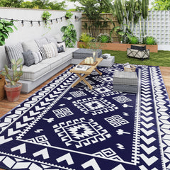Reversible Outdoor Rug, Waterproof Plastic Straw with Carry Bag, 9' x 18', Blue & White Rhombus Patchwork