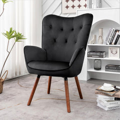 Mid-Century Modern Wingback Accent Chair, Button-Tufted Polyester Fabric Armchair with Solid Wood Splayed Legs for Living Room Bedroom Home Office