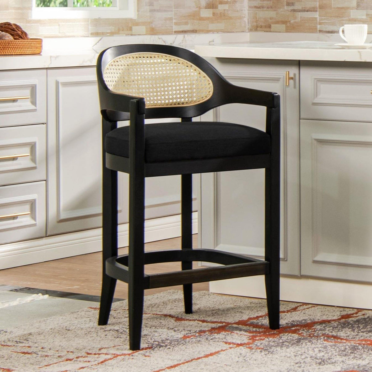 Ares Mid-Century Modern 30.5" Cane Back Bar Stool, Jet Black