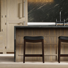 Sanctuary H Counter-Height Wood Barstool with Black Faux-Leather Seat, 1PC