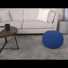 Poseidon Knitted Cotton Round Pouf, Navy Blue