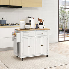 Modern Rolling Kitchen Island Cart with Spice Rack, Distressed White