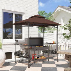 8' x 5' BBQ Grill Gazebo, 2-Tier Outdoor BBQ Gazebo with 2 Side Shelves, Storage Baskets, Ceiling Hook, Dark Brown