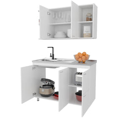 Showcase Kitchen Cabinet Set With Upper And Lower Storage, 4 Doors And Open Shelves, White