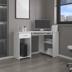 Aeneas Corner Desk, Space-Saving L-Shaped Design With Two Side Shelves, White