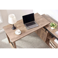 Desk L-shaped Workstation Home Office attached storage credenza sliding barn door finished on the back reversible Hazelnut