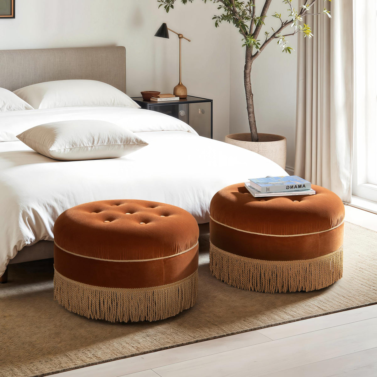 Planet 24" Round Upholstered Accent Ottoman Burnt Orange Performance Velvet
