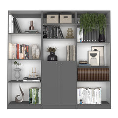Camelot 3 Piece Home Bookcase set, 74" Wide with 12 Shelves and 2-door Cabinet , Living Room Set Matt Gray / White