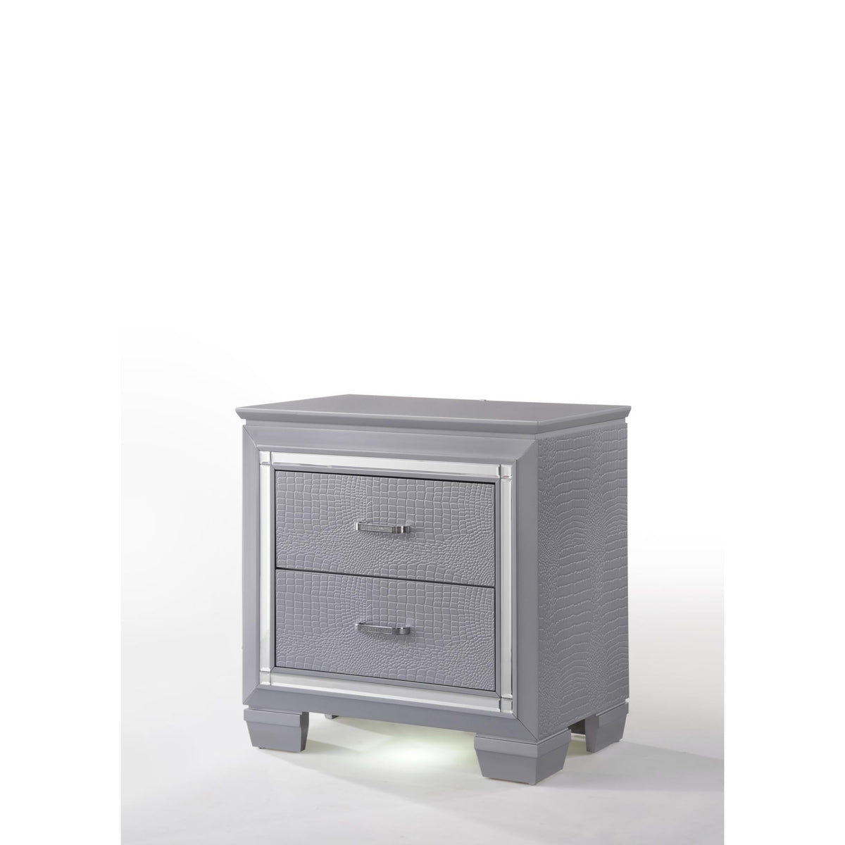1pc Modern Two Drawer LED Lights Beveled Mirror Accents Chrome Finish Hardware Faux Crystal Accent Silver Finish