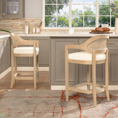 Ares Mid-Century Modern 26" Cane Back Counter Stool, Ivory White Boucle