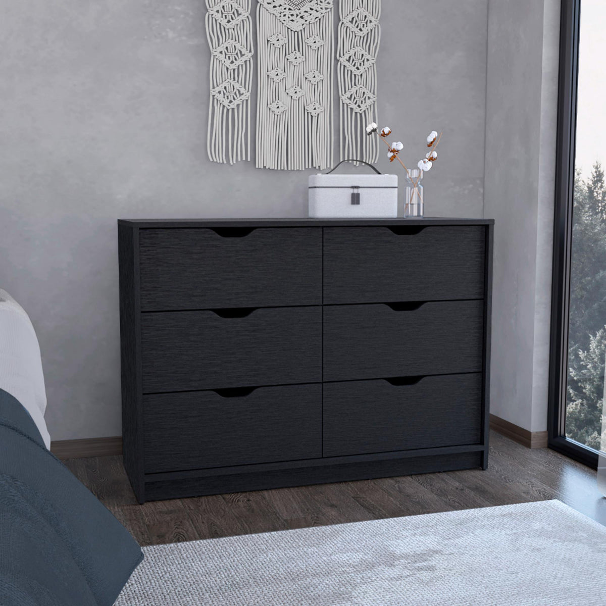 Utopia 4 Drawers Double Dresser with 2 pull down Cabinets Black