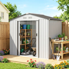 7' x 4' Outdoor Storage Shed, Garden Tool House w/ Foundation Kit Vents & Sliding Doors for Backyard Patio, White