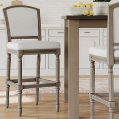 31" Weathered Gray Bar-Height Bar Stool with Gray Upholstered Seat and Back, 1PC