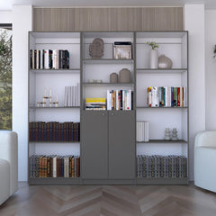 Haven 3 Piece Home Bookcase set, 74" Wide with 11 Shelves and 2-door Cabinet , Living Room Set Matt Gray / White