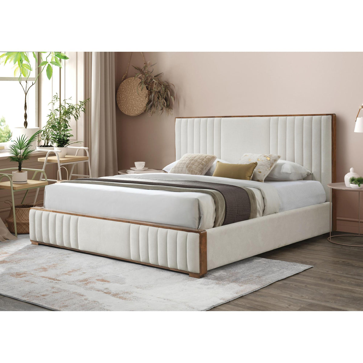 Gallery Beige Chenille & Walnut Finish Queen Bed