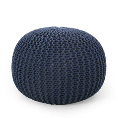Poseidon Knitted Cotton Round Pouf, Navy Blue
