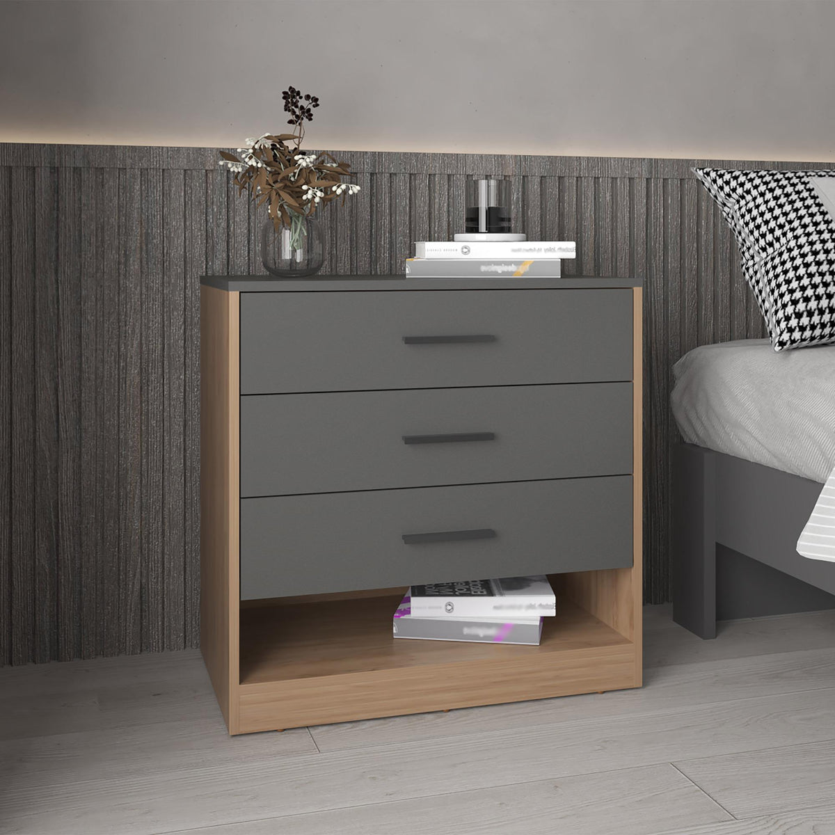 Clytemnestra 27" High Three Drawer Dresser And Open Shelf, Bedroom, Entryway, Side Board, Matte Gray - Natural Oak