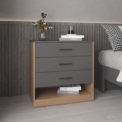 Clytemnestra 27" High Three Drawer Dresser And Open Shelf, Bedroom, Entryway, Side Board, Matte Gray - Natural Oak