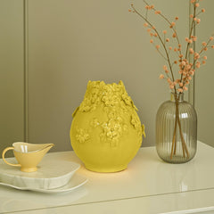 Rhea Flower Vase, Decorative Yellow Ceramic w Floral Motifs, 11 Inch