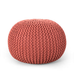Poseidon Knitted Cotton Round Pouf, Coral